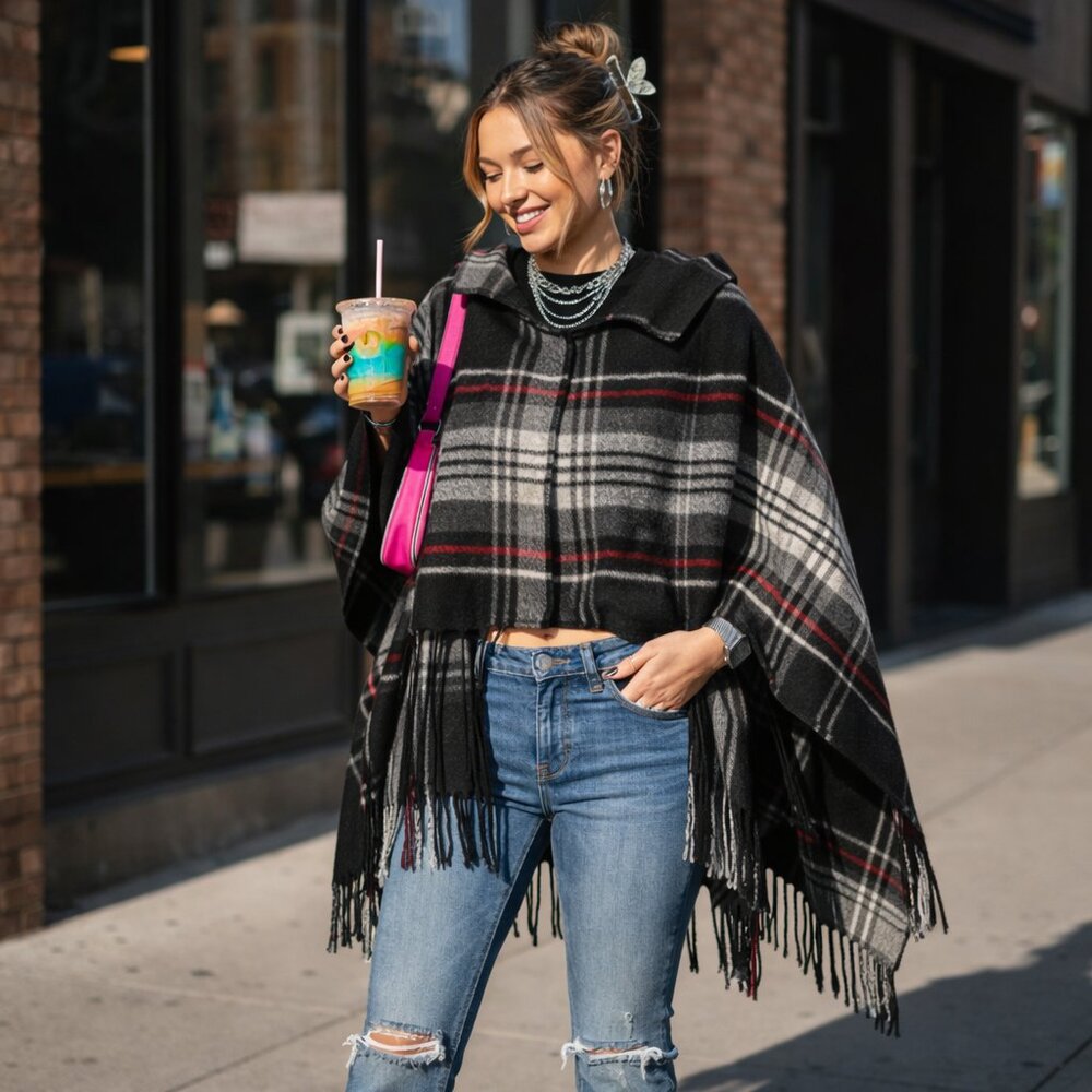 Steve Madden Plaid Poncho Oversized Pullover Y2K One Size
